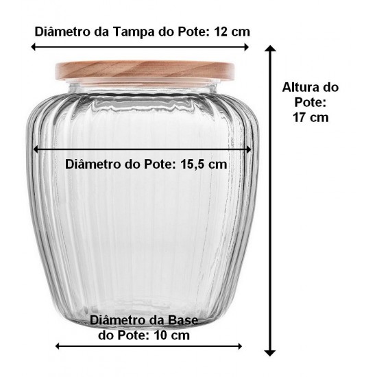Pote Mantimentos 1,9 Litros 17cm de Altura em Vidro Com Tampa De Pinus